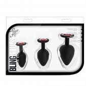 Набор черных анальных пробок с красным кристаллом-сердечком Bling Plugs Training Kit - Blush Novelties - купить с доставкой в Мытищах