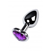 Серебристая коническая анальная пробка с фиолетовым кристаллом-сердечком - 7 см. - ToyFa - купить с доставкой в Мытищах
