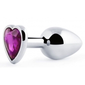 Серебристая анальная пробка с фиолетовым кристаллом-сердечком - 8 см. - Anal Jewelry Plug - купить с доставкой в Мытищах