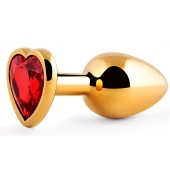 Золотистая анальная пробка с красным стразом-сердечком - 8 см. - Anal Jewelry Plug - купить с доставкой в Мытищах