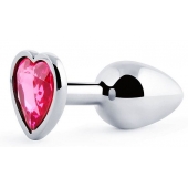 Серебристая анальная пробка с розовым кристаллом-сердечком - 7 см. - Anal Jewelry Plug - купить с доставкой в Мытищах