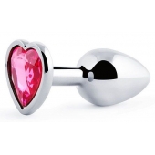 Серебристая анальная пробка с малиновым кристаллом-сердечком - 7 см. - Anal Jewelry Plug - купить с доставкой в Мытищах