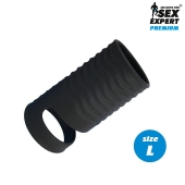 Черная открытая насадка на пенис с кольцом для мошонки L-size - 8,5 см. - Sex Expert - в Мытищах купить с доставкой