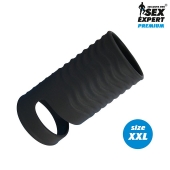 Черная открытая насадка на пенис с кольцом для мошонки XXL-size - 9,4 см. - Sex Expert - в Мытищах купить с доставкой
