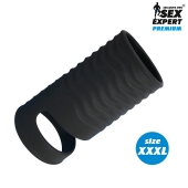 Черная открытая насадка на пенис с кольцом для мошонки XXXL-size - 9,9 см. - Sex Expert - в Мытищах купить с доставкой
