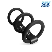 Черное тройное эрекционное кольцо с ремешком - Sex Expert - в Мытищах купить с доставкой