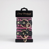 Черные кожаные наручники с розовой строчкой - Crazy Handmade - купить с доставкой в Мытищах