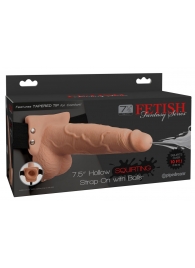 Телесный полый страпон с имитацией эякуляции 7.5  Hollow Squirting Strap-On with Balls Flesh - 21,6 см. - Pipedream - купить с доставкой в Мытищах