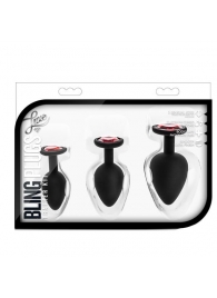 Набор черных анальных пробок с красным кристаллом-сердечком Bling Plugs Training Kit - Blush Novelties - купить с доставкой в Мытищах