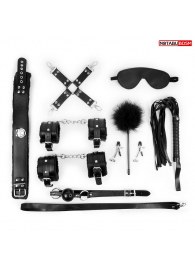 Большой набор БДСМ в черном цвете: маска, кляп, зажимы, плётка, ошейник, наручники, оковы, щекоталка, фиксатор - Notabu - купить с доставкой в Мытищах