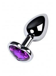 Серебристая коническая анальная пробка с фиолетовым кристаллом-сердечком - 7 см. - ToyFa - купить с доставкой в Мытищах