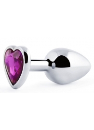 Серебристая анальная пробка с фиолетовым кристаллом-сердечком - 8 см. - Anal Jewelry Plug - купить с доставкой в Мытищах