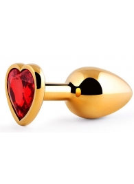 Золотистая анальная пробка с красным стразом-сердечком - 8 см. - Anal Jewelry Plug - купить с доставкой в Мытищах