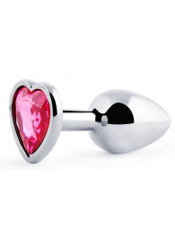 Серебристая анальная пробка с розовым кристаллом-сердечком - 7 см. - Anal Jewelry Plug - купить с доставкой в Мытищах