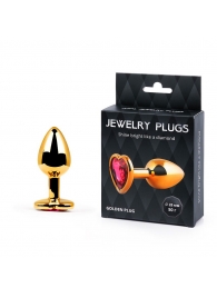 Золотистая анальная пробка с малиновым кристаллом-сердечком - 7 см. - Anal Jewelry Plug - купить с доставкой в Мытищах