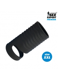 Черная открытая насадка на пенис с кольцом для мошонки XXL-size - 9,4 см. - Sex Expert - в Мытищах купить с доставкой