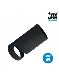 Черная открытая насадка на пенис с кольцом для мошонки size M - 7,9 см. - Sex Expert - в Мытищах купить с доставкой