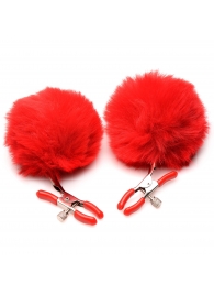 Красные зажимы на соски с помпонами Pom Pom - XR Brands - купить с доставкой в Мытищах