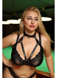 Черная кожаная сбруя с ошейником plus size из нежной кожи - БДСМ Арсенал - купить с доставкой в Мытищах