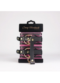 Черные кожаные оковы с розовой строчкой - Crazy Handmade - купить с доставкой в Мытищах