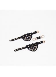 Черные кожаные наручники с клепками, кольцами и золотистой фурнитурой - Crazy Handmade - купить с доставкой в Мытищах