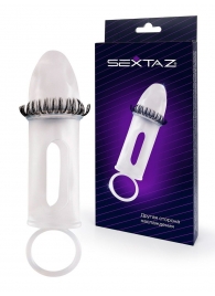 Закрытая насадка на пенис с подхватом мошонки и стимулирующими «ресничками» - Sextaz - в Мытищах купить с доставкой