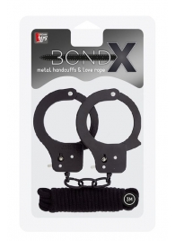 Чёрные наручники из листового металла в комплекте с веревкой BONDX METAL CUFFS LOVE ROPE SET - Dream Toys - купить с доставкой в Мытищах
