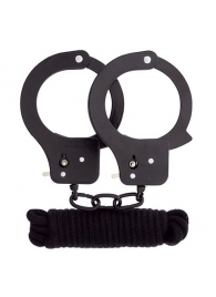 Чёрные наручники из листового металла в комплекте с веревкой BONDX METAL CUFFS LOVE ROPE SET - Dream Toys - купить с доставкой в Мытищах