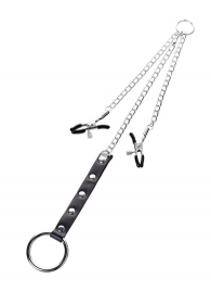 Серебристо-чёрные зажимы для сосков с кольцом для пениса TOYFA Metal - ToyFa - купить с доставкой в Мытищах