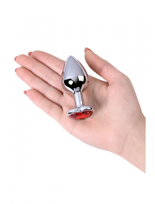 Серебристая коническая анальная пробка с красным кристаллом-сердечком - 7 см. - ToyFa - купить с доставкой в Мытищах