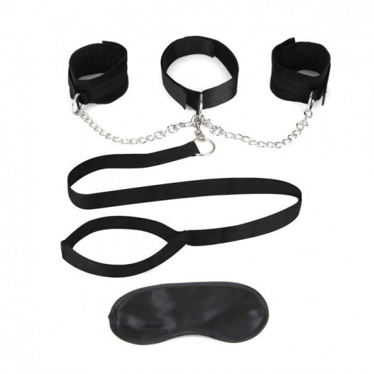 Чёрный ошейник с наручниками и поводком Collar Cuffs   Leash Set - Lux Fetish - купить с доставкой в Мытищах