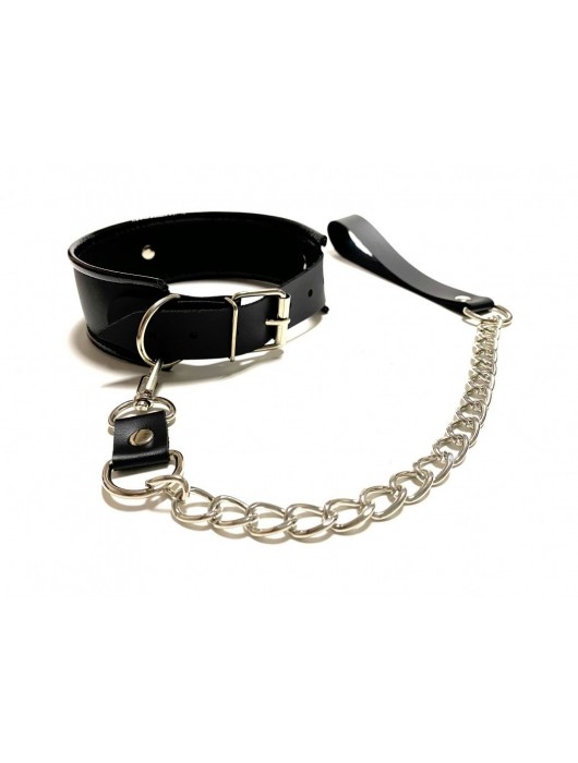 Черный ошейник с поводком из эко-кожи - БДСМ Арсенал - купить с доставкой в Мытищах