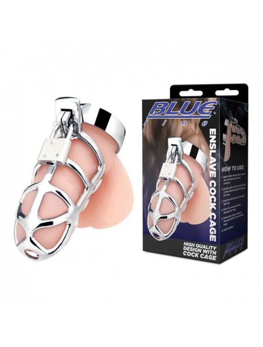 Серебристая металлическая клетка для члена с замком Enslave Cock Cage - BlueLine - купить с доставкой в Мытищах