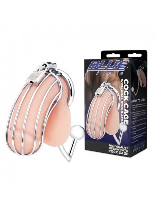 Серебристая металлическая клетка с анальным стимулятором Cock Cage - BlueLine - купить с доставкой в Мытищах