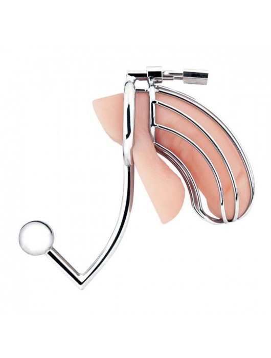 Серебристая металлическая клетка с анальным стимулятором Cock Cage - BlueLine - купить с доставкой в Мытищах