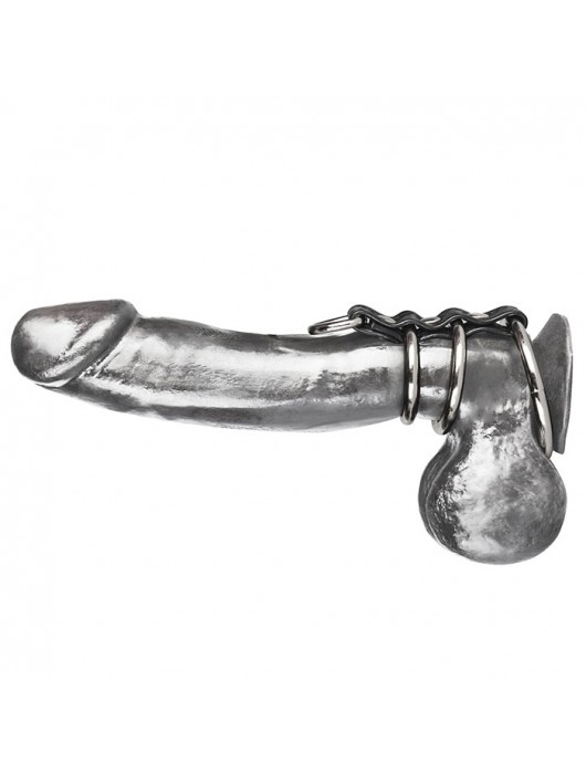 Хомут на пенис из трех металлических колец и кольца для привязи 3 RING GATES OF HELL - BlueLine - купить с доставкой в Мытищах