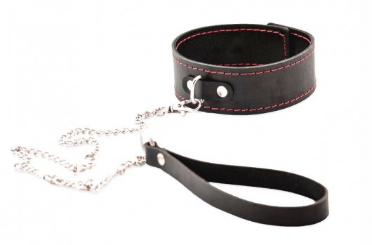 Черный широкий ошейник с красной строчкой и поводком - Crazy Handmade - купить с доставкой в Мытищах
