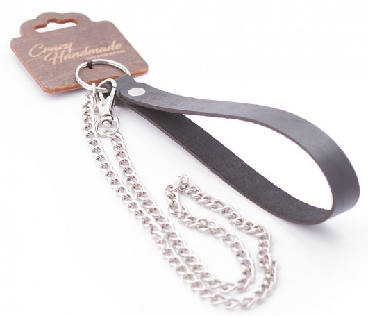 Серебристый металлический поводок с кожаной черной ручкой - 80 см. - Crazy Handmade - купить с доставкой в Мытищах
