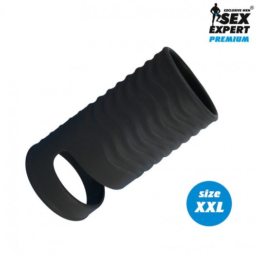 Черная открытая насадка на пенис с кольцом для мошонки XXL-size - 9,4 см. - Sex Expert - в Мытищах купить с доставкой