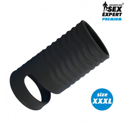 Черная открытая насадка на пенис с кольцом для мошонки XXXL-size - 9,9 см. - Sex Expert - в Мытищах купить с доставкой