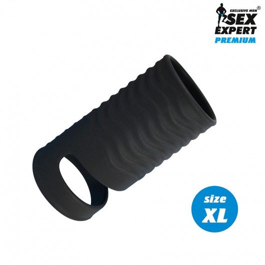 Черная открытая насадка на пенис с кольцом для мошонки XL-size - 8,9 см. - Sex Expert - в Мытищах купить с доставкой
