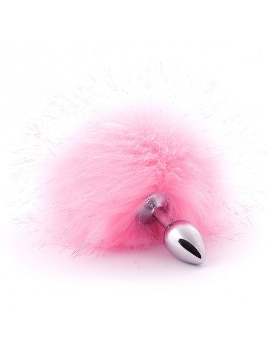 Серебристая анальная пробка с розовым хвостиком - Crazy Handmade