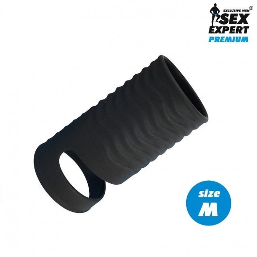 Черная открытая насадка на пенис с кольцом для мошонки size M - 7,9 см. - Sex Expert - в Мытищах купить с доставкой