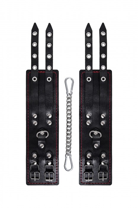 Черные кожаные оковы с двумя ремнями и контрастной строчкой - Pecado - купить с доставкой в Мытищах