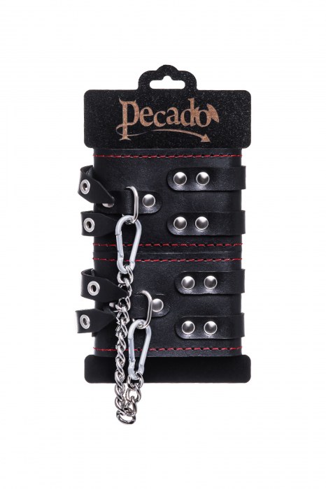 Черные кожаные оковы с двумя ремнями и контрастной строчкой - Pecado - купить с доставкой в Мытищах