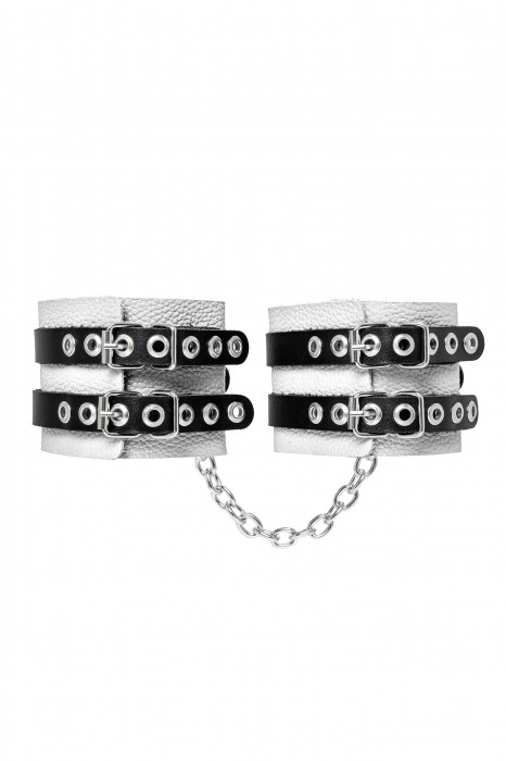 Бело-черные оковы с двумя ремешками и люверсами - Pecado - купить с доставкой в Мытищах