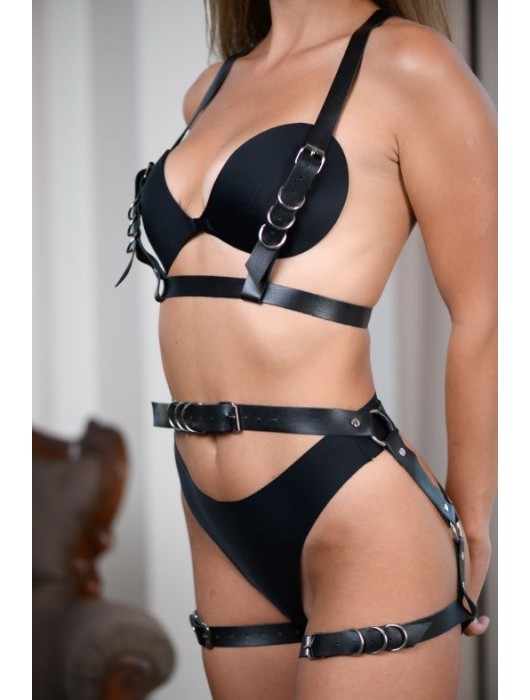 Черные гартеры из натуральной кожи с регулируемыми ремешками - БДСМ Арсенал - купить с доставкой в Мытищах