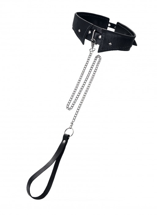 Черный кожаный ошейник-воротник с поводком - Pecado - купить с доставкой в Мытищах