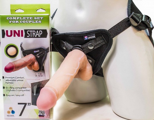 Страпон-унисекс с двумя насадками UNI strap 7  Harness - 19 и 16 см. - LOVETOY (А-Полимер) - купить с доставкой в Мытищах
