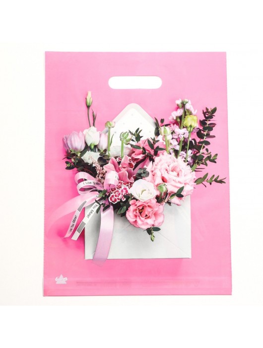 Розовый пакет с цветочным принтом и вырубной ручкой (40х31 см) - Сима-Ленд - купить с доставкой в Мытищах